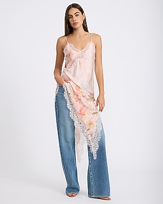 Satin Floral Lace Trim V-Neck High-Low Tunic Cami