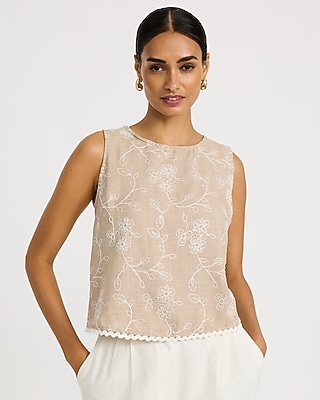 Embroidered Crew Neck Contrast Trim Tank