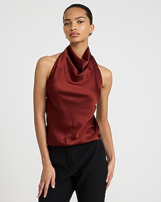 Satin Halter Cowl Neck Open Back Tank