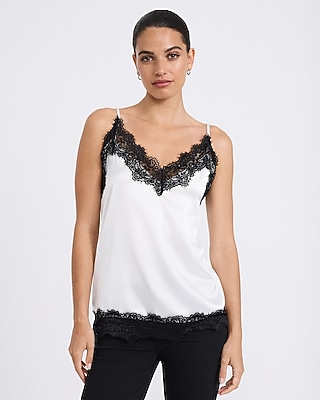 Express Plus Size Women's Satin Lace Trim V-Neck Cami in White XL
