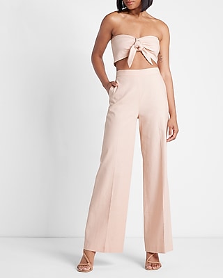 Linen-Blend Tie Front Bandeau Top Pink Women's XS