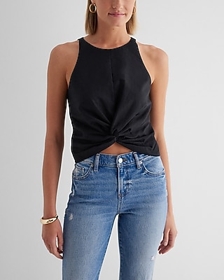 Linen-Blend Crew Neck Twist Front Tank