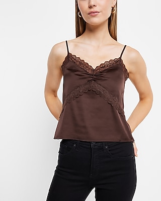 Satin Lace Trim Cami Brown Women's M