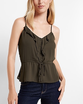 Ruffle Button Up Peplum Cami Green Women's XS