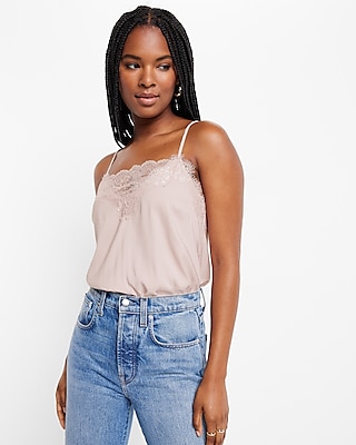 Lace Trim Downtown Cami Thong Bodysuit Pink Women's XS