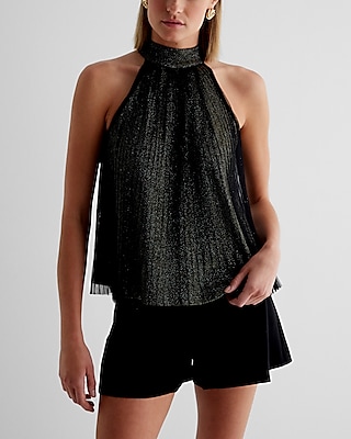 Shine Tie Halter Neck Pleated Top