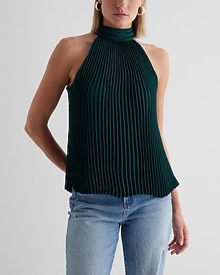 Tie Halter Neck Pleated Top Green Women's XS
