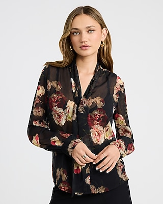 Floral Sheer Textured Tie Neck Top