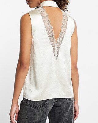 Satin Mock Neck Sleeveless Open Back Lace Top