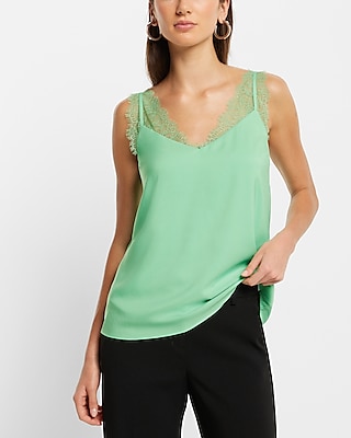 Satin Lace Strap V-Neck Downtown Cami Green Women's XS