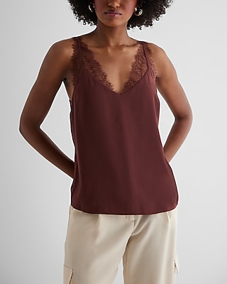 Satin Lace Strap V-Neck Downtown Cami Brown Women's S