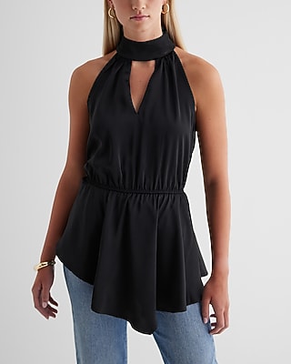 Halter Neck Cutout Asymmetrical Hem Tank Black Women's L