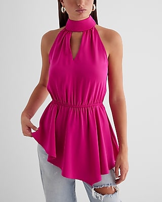 Halter Neck Cutout Asymmetrical Hem Tank Pink Women's L