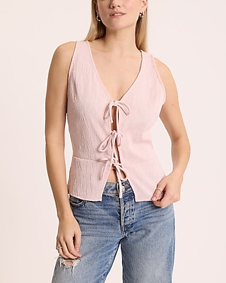Express Women's Textured V-Neck Tie Front Tank Top in Pink XS