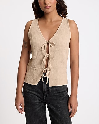 Express Women's Textured V-Neck Tie Front Tank Top in Neutral XS