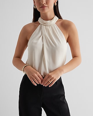 Satin Twist Tie Halter Neck Bodysuit White Women's XS