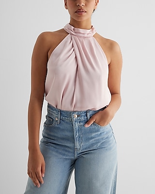 Satin Twist Tie Halter Neck Bodysuit Pink Women's XS