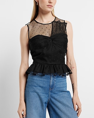 Tulle Polka Dot Twist Front Peplum Tank