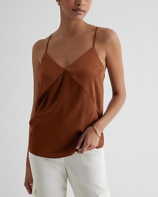 Satin Seamed V-Neck Cross-Back Downtown Cami Brown Women's XS