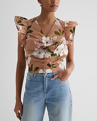 Floral V-Neck Flutter Sleeve Ruched Top