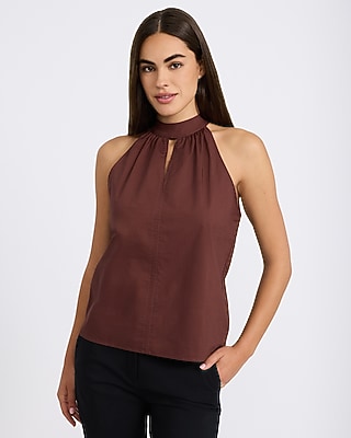 Poplin Mock Neck Keyhole Bow Back Top