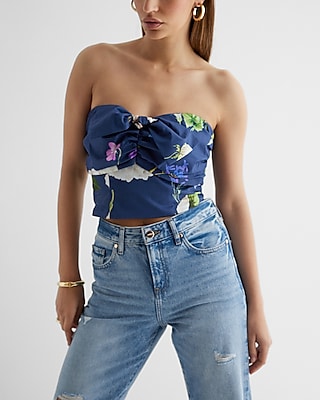 Floral Strapless Ruched Bow Corset Tube Top