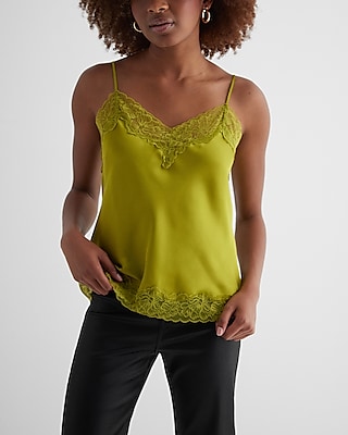 Satin Lace Trim V-Neck Downtown Cami Green Women's L
