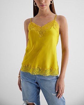 Satin Lace Trim V-Neck Downtown Cami Yellow Women's XS