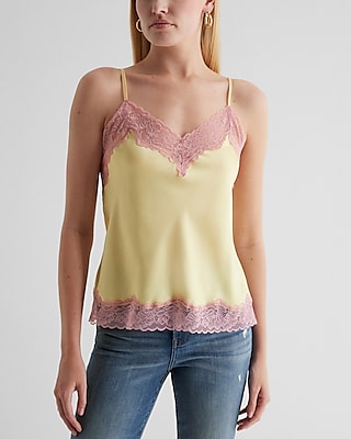 Satin Lace Trim V-Neck Downtown Cami Yellow Women's XS