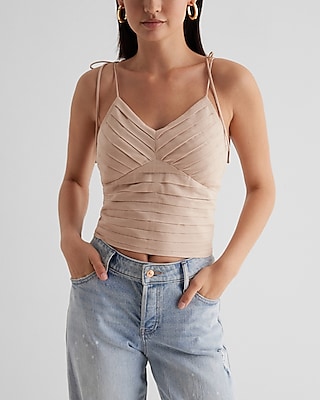Pleated Linen-Blend Tie Strap Cami Neutral Women's M