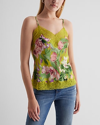 Satin Floral Lace Trim V-Neck Downtown Cami