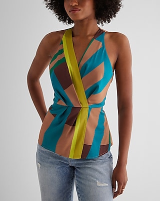 Satin Printed V-Neck Gathered Faux Wrap Front Top