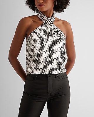 Satin Printed Gathered Halter Neck Tank