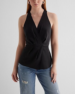 Satin V-Neck Gathered Faux Wrap Front Top Black Women's S