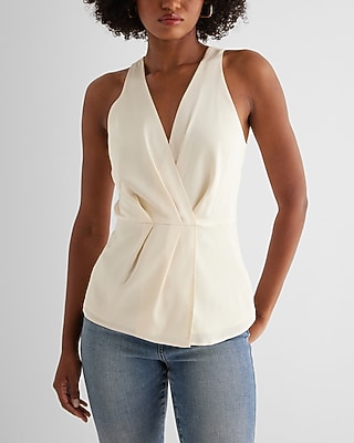 Satin V-Neck Gathered Faux Wrap Front Top