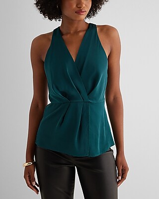 Satin V-Neck Gathered Faux Wrap Front Top Green Women's XS