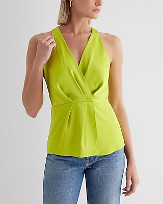 Satin V-Neck Gathered Faux Wrap Front Top Green Women's XS