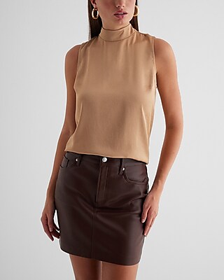 Satin Mock Neck Sleeveless Tank Brown Women's XS