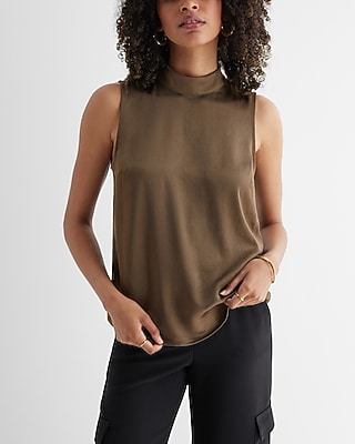 Satin Mock Neck Sleeveless Tank Green Women's L