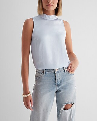 Satin Mock Neck Sleeveless Tank Blue Women's XL