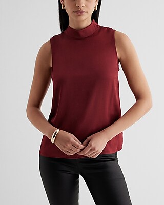 Satin Mock Neck Sleeveless Tank Brown Women's M
