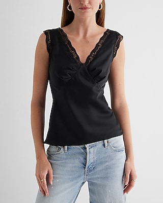 Satin V-Neck Pleated Lace Trim Tank Black Women's M