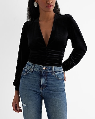 Velvet Deep V-Neck Ruched Button Front Top