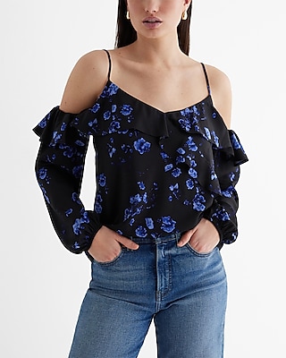 Floral Off The Shoulder Balloon Sleeve Faux Wrap Ruffle Top Multi-Color Women's XS