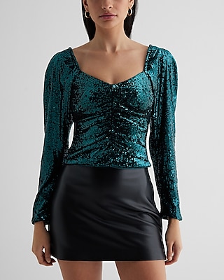 Sequin Sweetheart Neckline Puff Sleeve Ruched Front Top Green Women's S