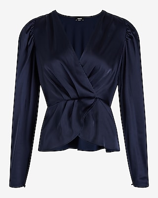 Satin Puff Shoulder Draped Faux Wrap Peplum Top Blue Women's XL