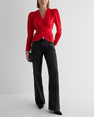 Satin Puff Shoulder Draped Faux Wrap Peplum Top Red Women's M