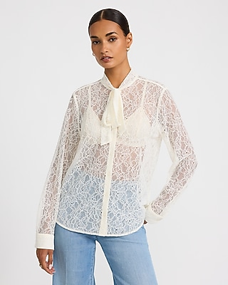 Sheer Lace Tie Neck Long Sleeve Button Front Top
