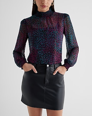 Metallic Sheer Printed Mock Neck Smocked Cuff Top