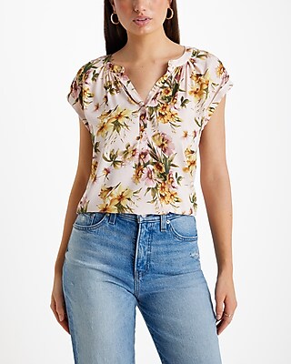 Floral Gathered Half Button Up Gramercy Tee Multi-Color Women